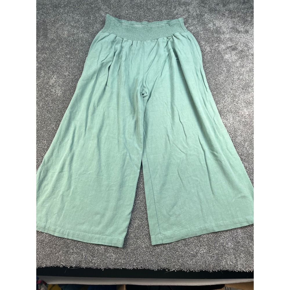 Anrabess Womens XXL Sage Green Linen Blend Smocked Waist Wide Leg Cropped Pants
